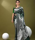 Bottle green katan silk blend patli pallu banarasi saree with zari woven ethnic designs