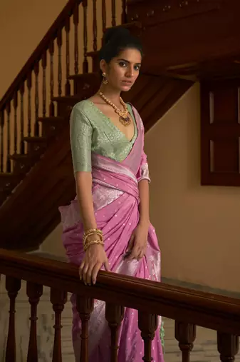 Pink Nylon Crape Weaving With Beautifull Tussles Designer Saree