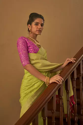 Parrot green Crape Weaving With Beautifull Tussles Designer Saree