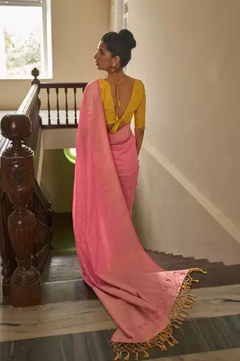 Coral Crape Weaving With Beautifull Tussles Designer Saree