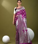 Purple katan silk blend patli pallu banarasi saree with zari woven ethnic designs