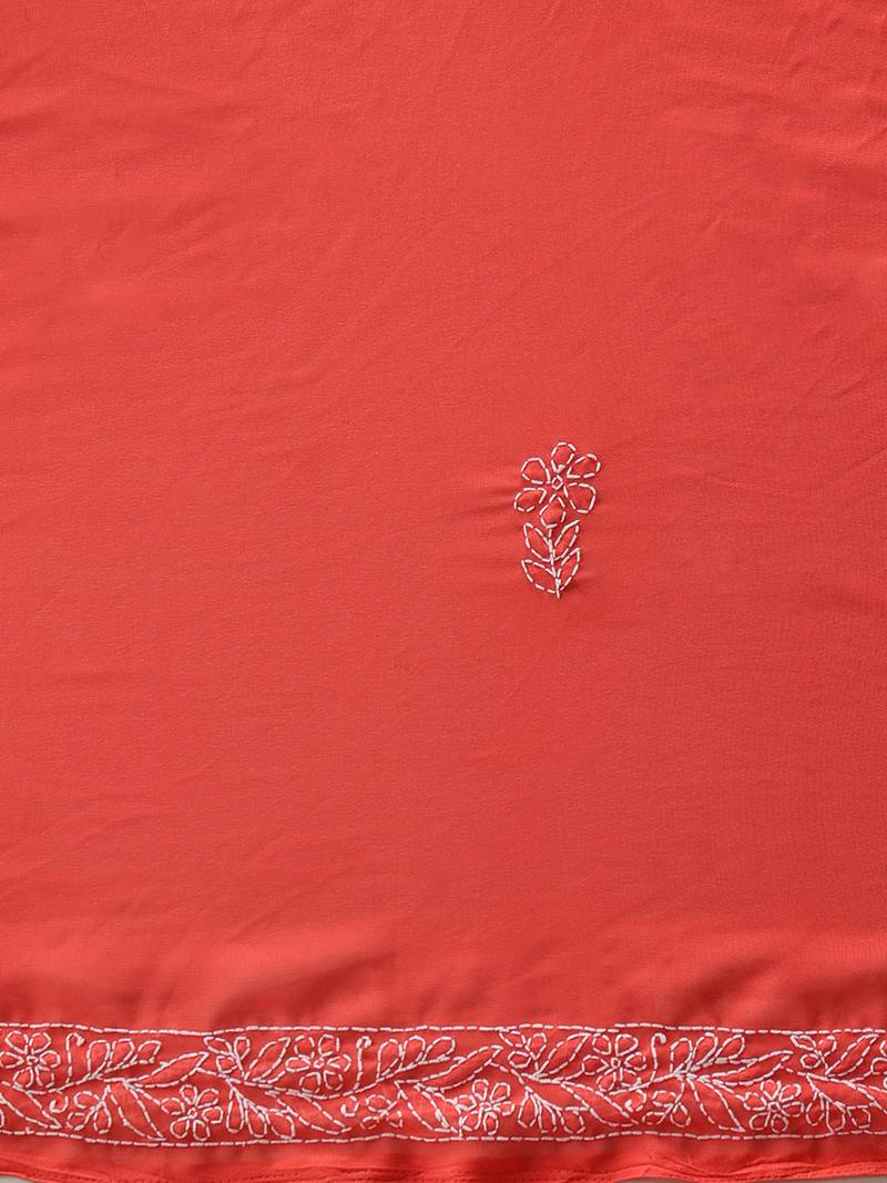 Hand embroidered carrot pink georgette lucknowi chikankari saree with blouse