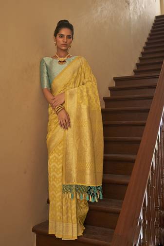 Mustard Weaving With Beautifull Tussles Designer Saree