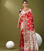 Red katan silk blend banarasi saree with zari woven ethnic designs