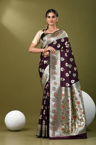 Dark purple katan silk blend banarasi saree with zari woven ethnic designs