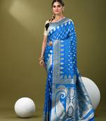 Sky blue katan silk blend banarasi saree with zari woven ethnic designs