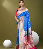 Sky blue katan silk blend banarasi saree with zari woven ethnic designs