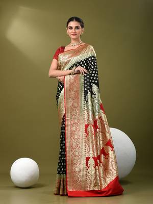 Black katan silk blend banarasi saree with zari woven ethnic designs 1