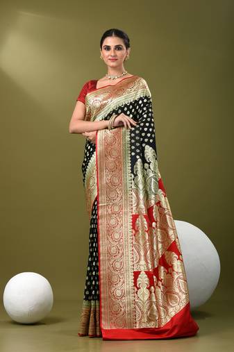 Black katan silk blend banarasi saree with zari woven ethnic designs