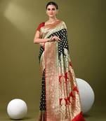 Black katan silk blend banarasi saree with zari woven ethnic designs