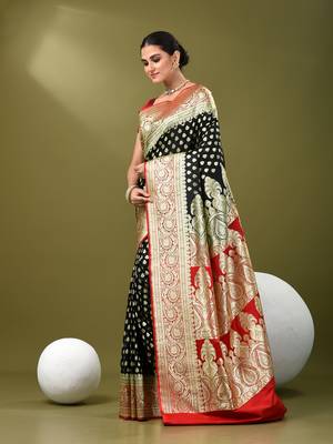 Black katan silk blend banarasi saree with zari woven ethnic designs 2