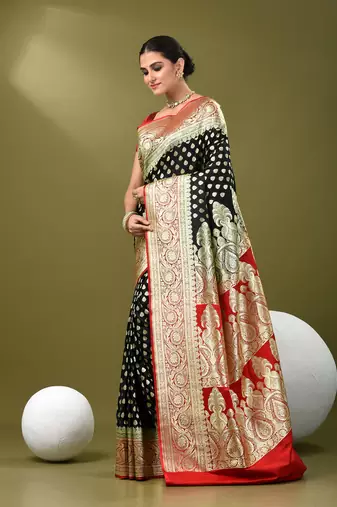 Black katan silk blend banarasi saree with zari woven ethnic designs