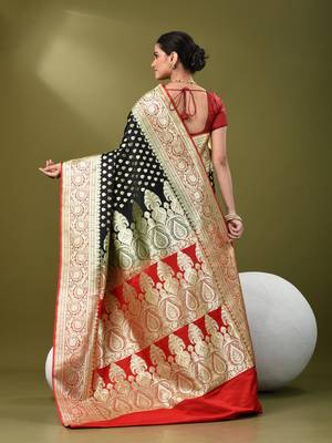 Black katan silk blend banarasi saree with zari woven ethnic designs 3