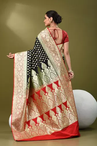 Black katan silk blend banarasi saree with zari woven ethnic designs