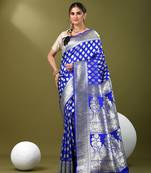 Royal blue katan silk blend banarasi saree with zari woven ethnic designs