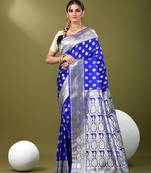 Royal blue katan silk blend banarasi saree with zari woven ethnic designs