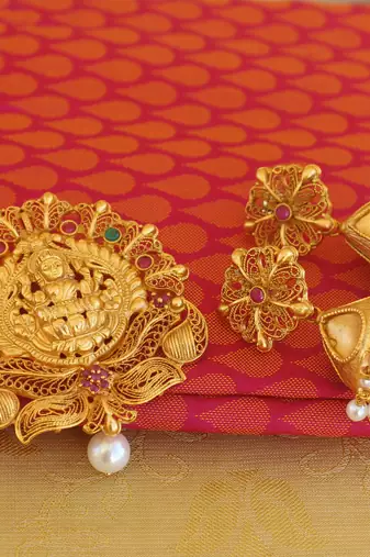 Multi color matte finish temple lakshmi pendant set