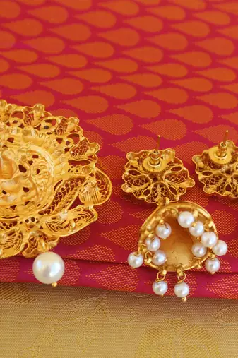 Multi color matte finish temple lakshmi pendant set