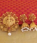 Pink color matte finish temple lakshmi pendant set