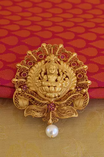 Pink color matte finish temple lakshmi pendant set