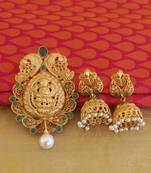 Temple lakshmi green color matte finish pendant set