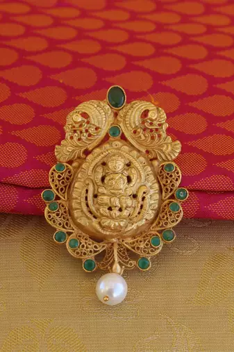 Temple lakshmi green color matte finish pendant set