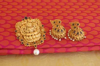 matte finish blue temple lakshmi pendant set 2