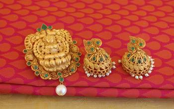 matte finish green temple lakshmi pendant set 2