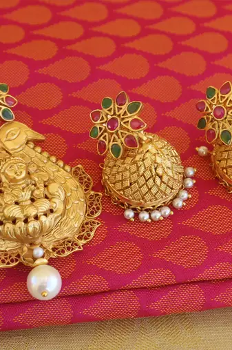 Peacock temple lakshmi matte finish pendant set