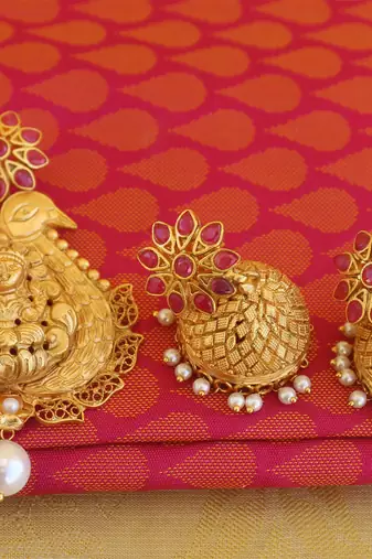 Peacock temple lakshmi matte finish pendant set