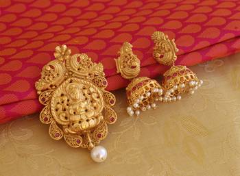 Matte finish peacock temple lakshmi pendant set 2