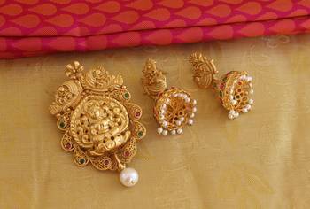 Matte finish peacock temple lakshmi pendant set 3
