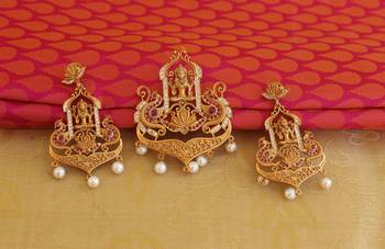Temple lakshmi peacock cz stone pendant set 1