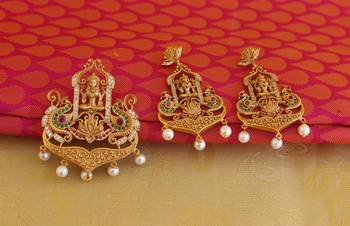 Temple lakshmi peacock cz stone pendant set 1