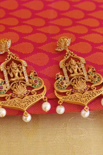 Temple lakshmi peacock cz stone pendant set