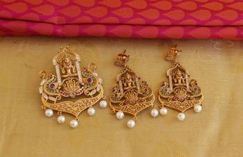Temple lakshmi peacock cz stone pendant set 4