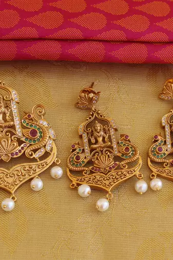 Temple lakshmi peacock cz stone pendant set