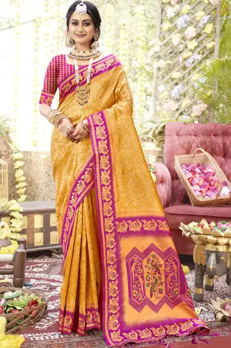 Mustard art silk woven work festival saree