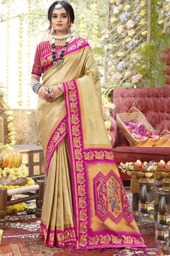 Beige art silk woven work festival saree