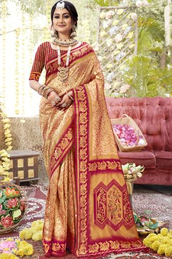 Orange art silk woven work festival saree