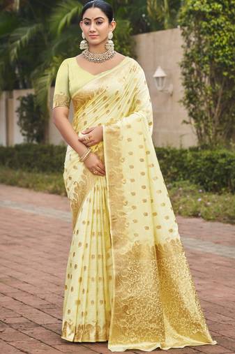 Light yellow art silk woven work festival saree