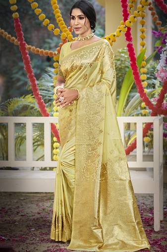 Light yellow art silk woven work festival saree