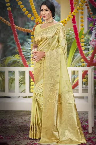 Light yellow art silk woven work festival saree