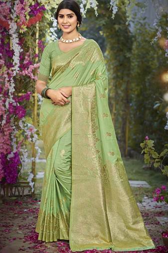 Mint green art silk woven work festival saree
