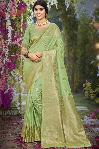 Mint green art silk woven work festival saree
