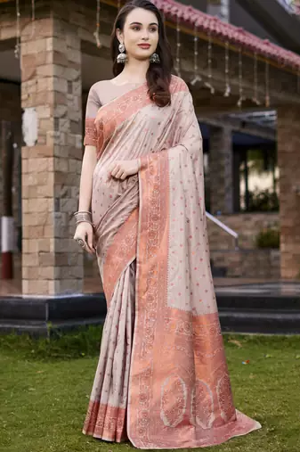 Light brown art silk woven work festival saree