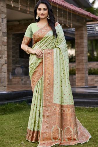 Mint green art silk woven work festival saree