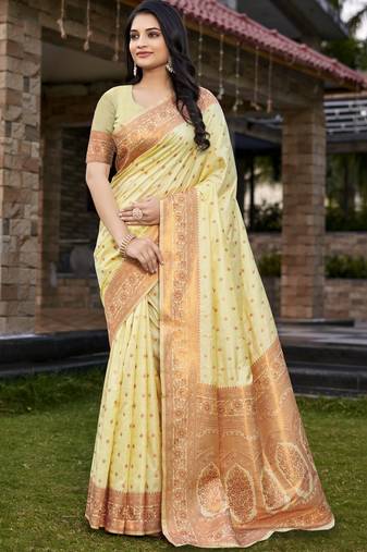Light yellow art silk woven work festival saree