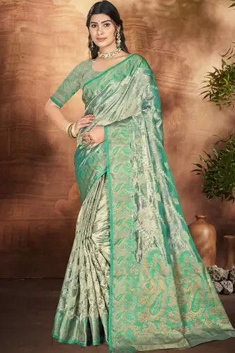 Teal blue organza woven work festival saree