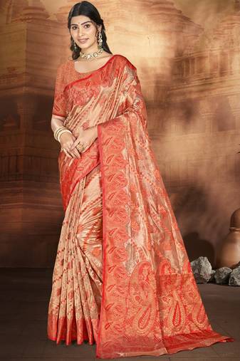 Orange organza woven work festival saree